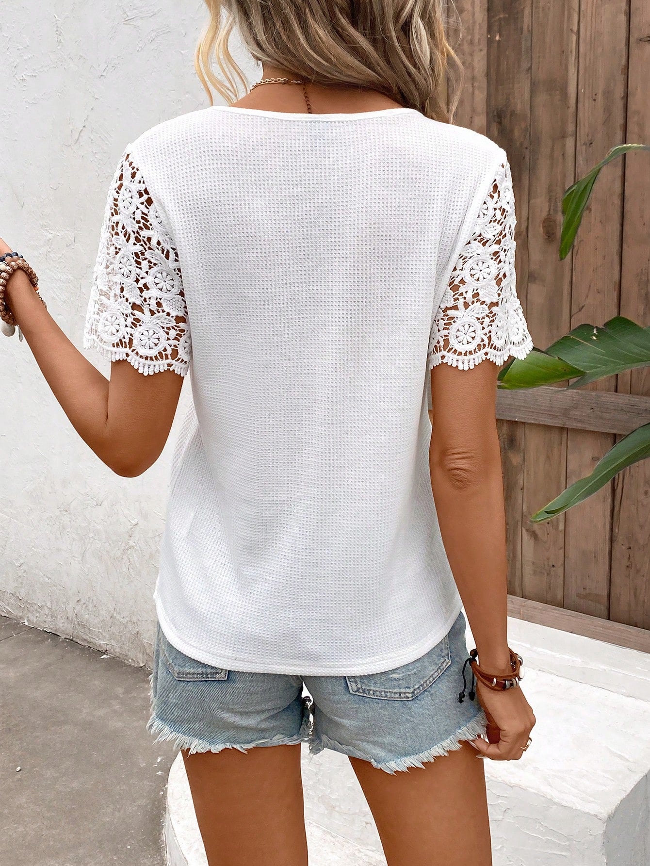 No chip on my shoulder Spliced Lace Notched Neck Waffle-Knit Top