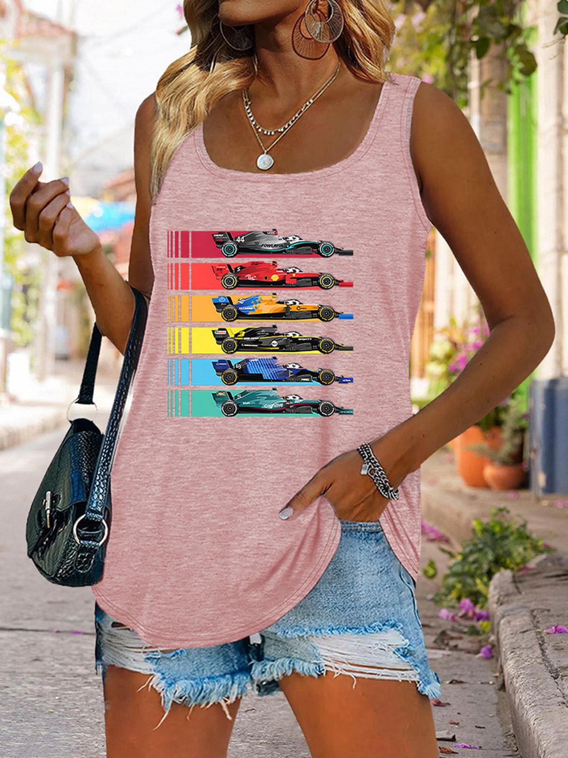 Race Day Scoop Neck Race Car Graphic Tank Top