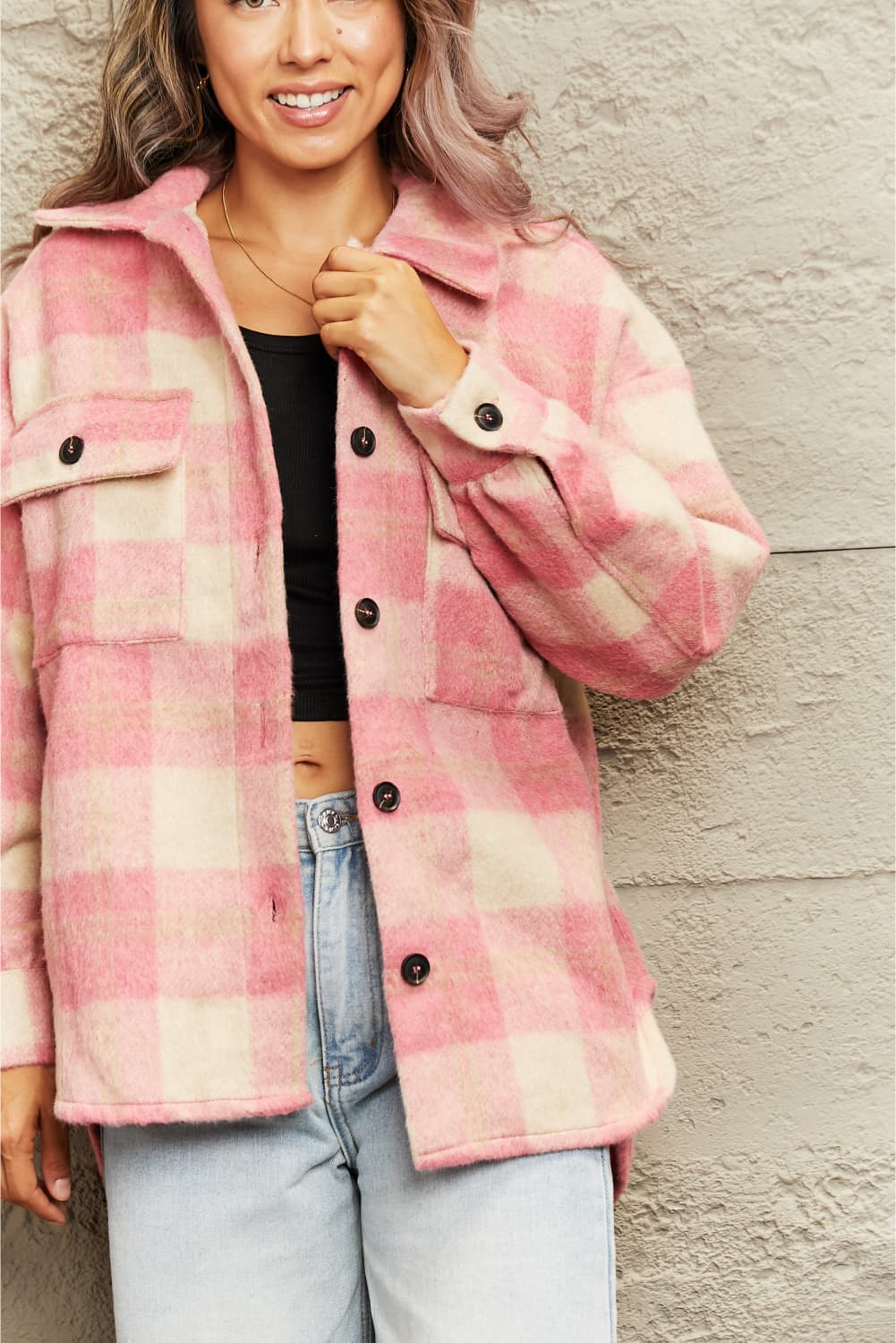 Pink Pumpkin time Plaid Collared Neck Button Down Jacket