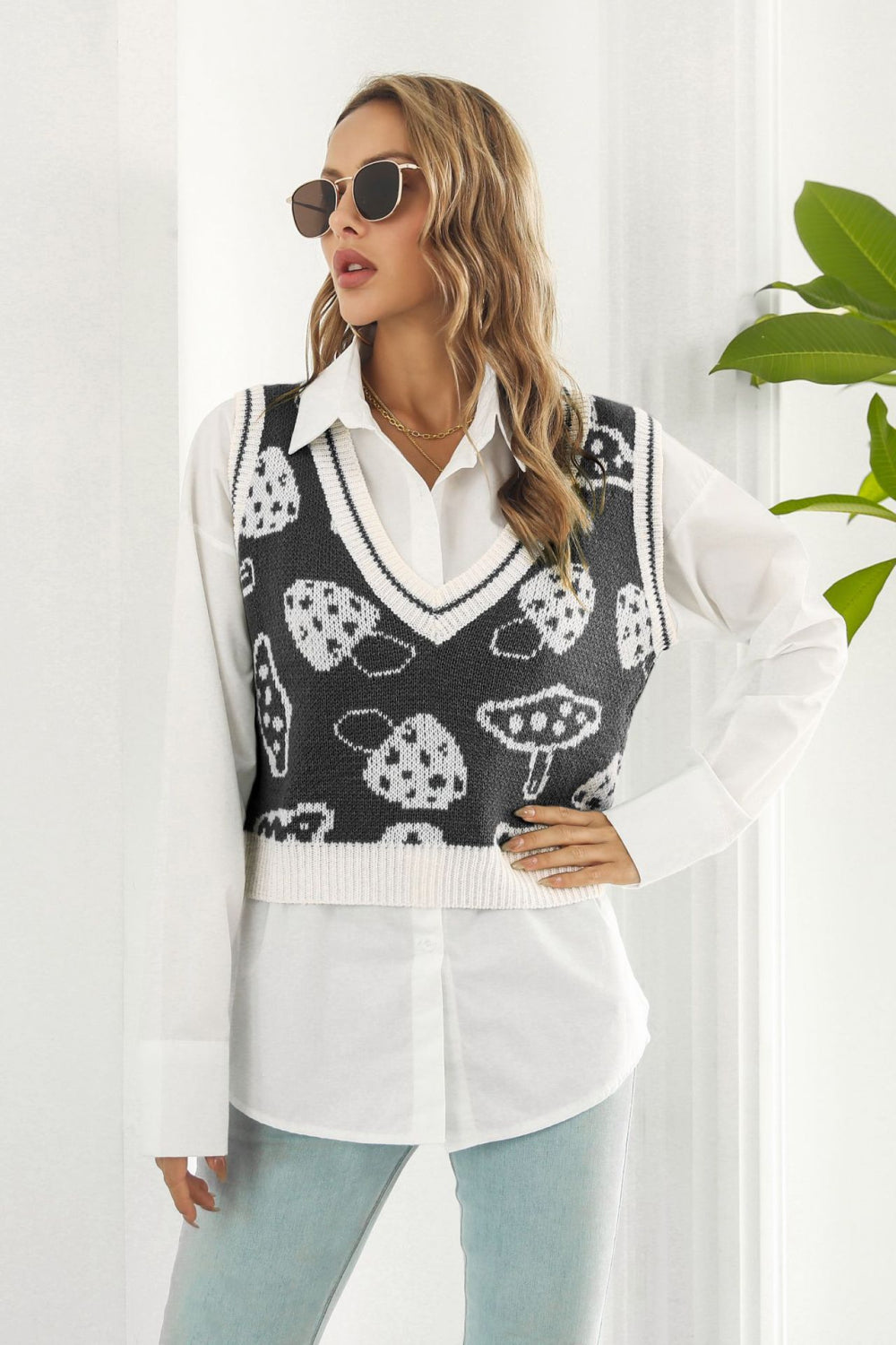 Best Vest in the East Printed Plunge Neck Sweater Vest