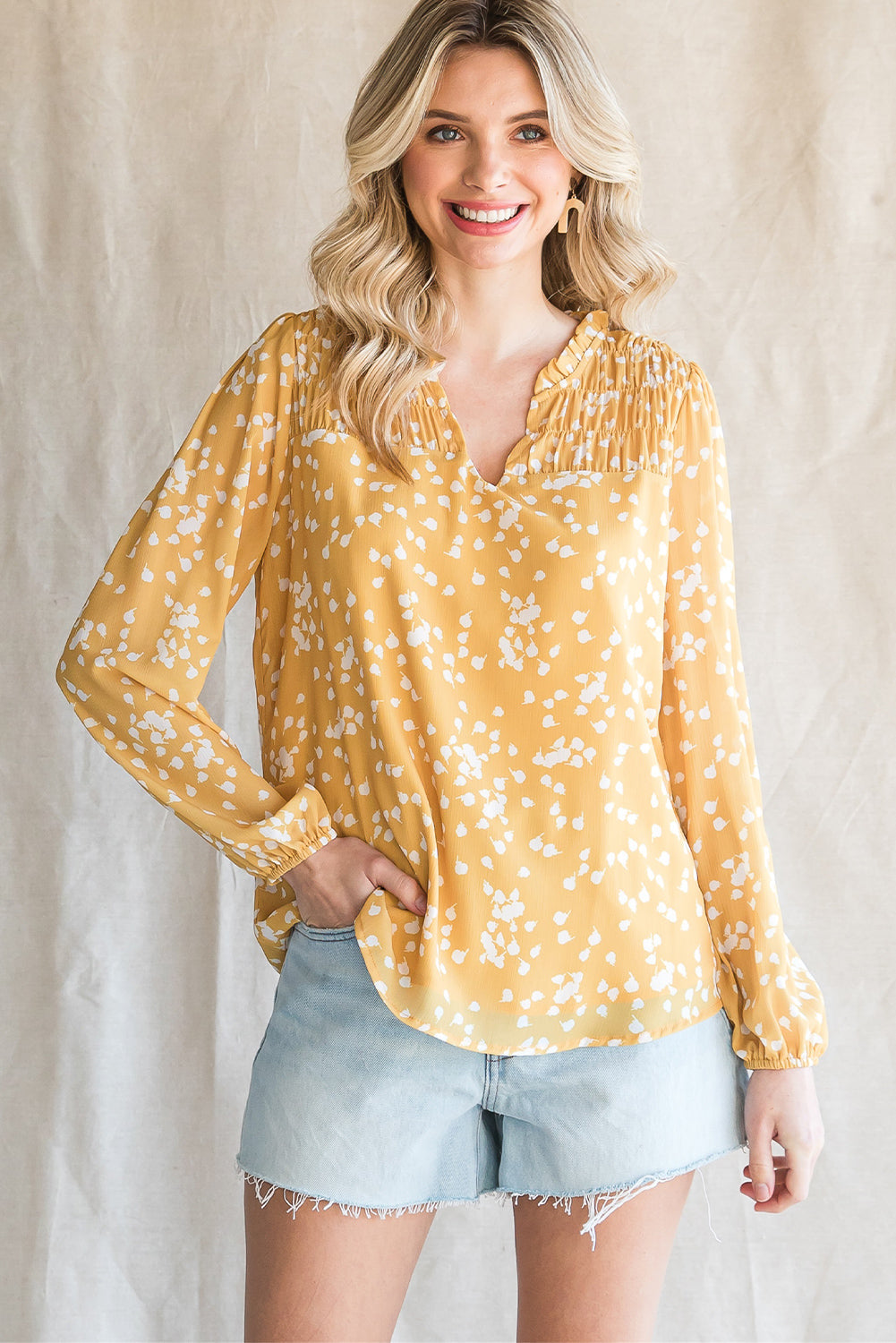 The NO Double Take Printed Notched Neck Smocked Blouse