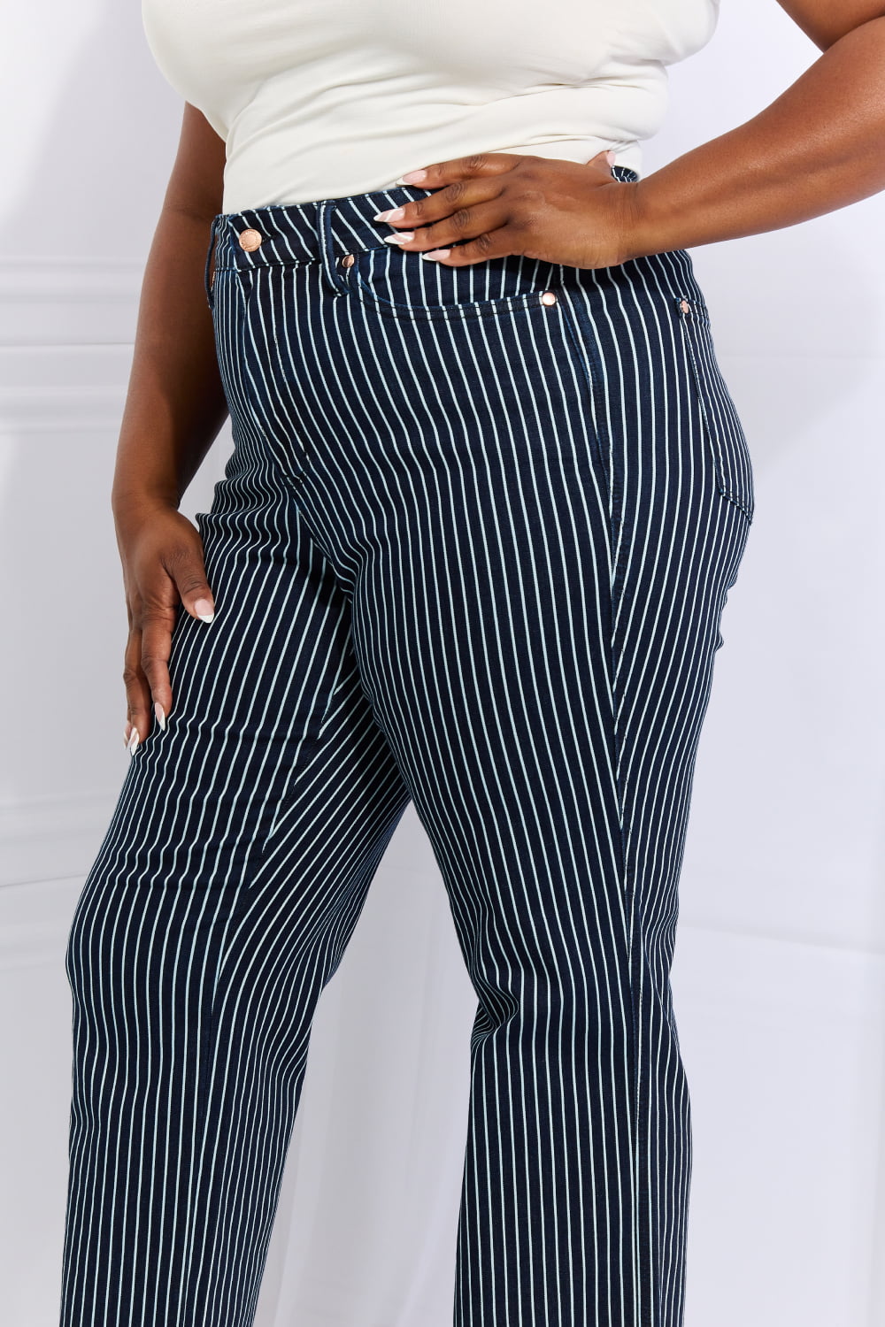 Tell Your friends (or NOT)Judy Blue Cassidy Full Size High Waisted Tummy Control Striped Straight Jeans