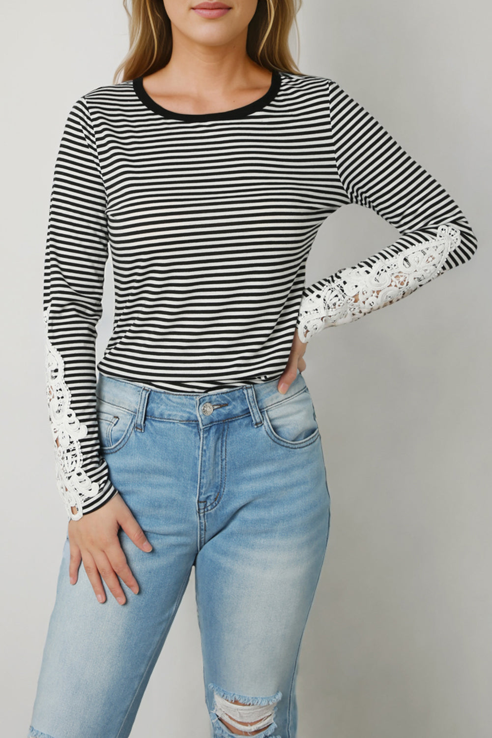 Dress Up or Down Striped Round Neck Long Sleeve Lace Trim T-Shirt