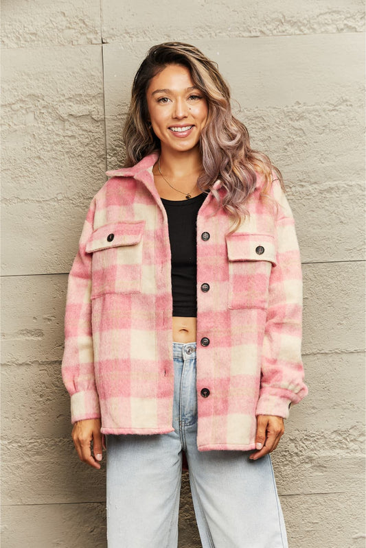 Pink Pumpkin time Plaid Collared Neck Button Down Jacket