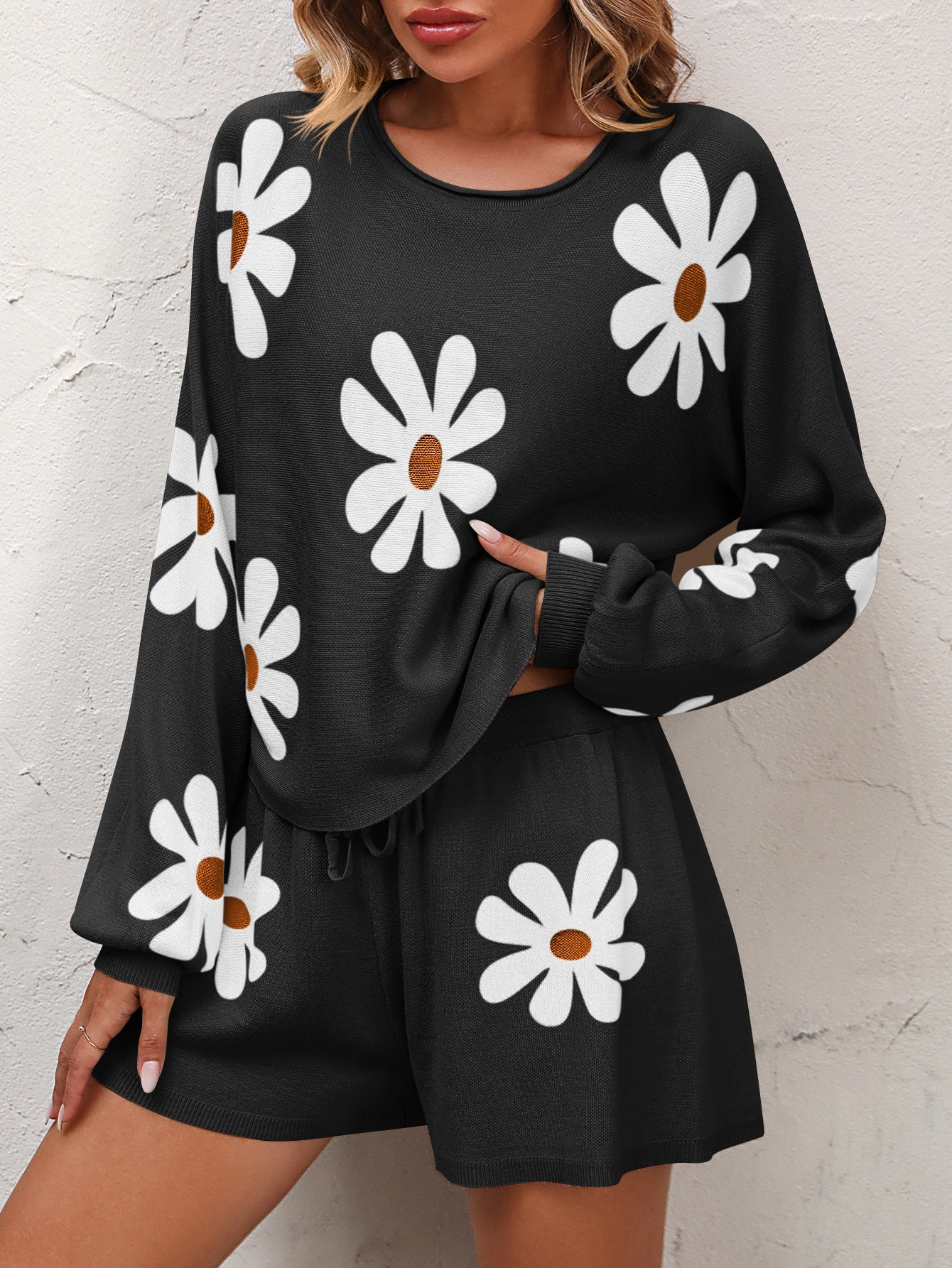 I didn't want to go Floral Print Raglan Sleeve Knit Top and Tie Front Sweater Shorts Set