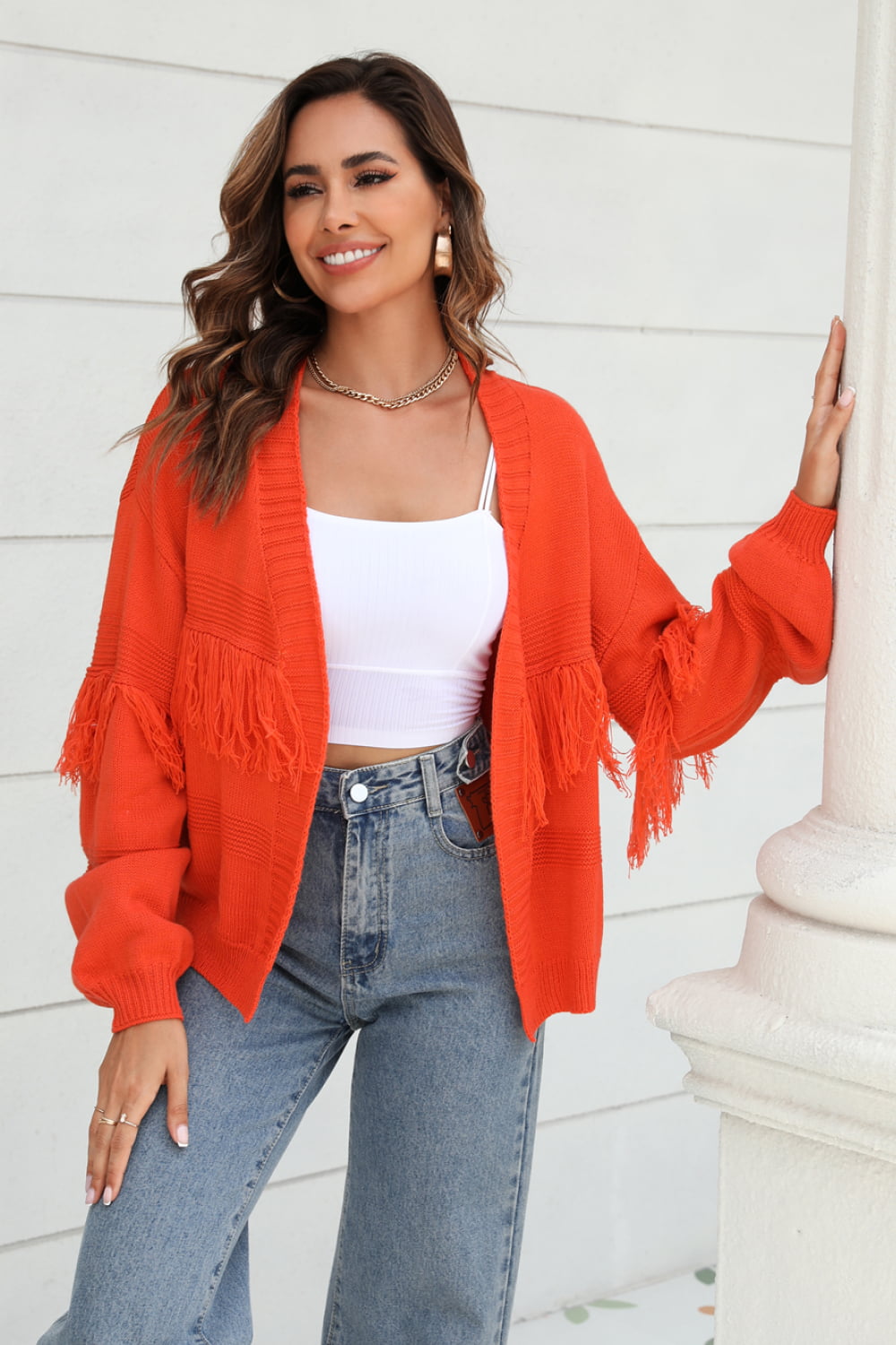 The beach is so overrated Double Take Fringe Trim Open Front Cardigan