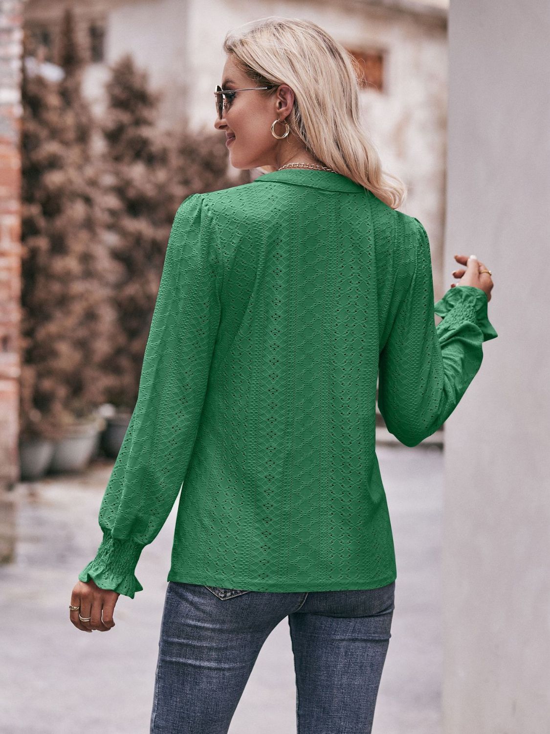 I alwalys look like this Double Take Eyelet Notched Neck Flounce Sleeve Blouse