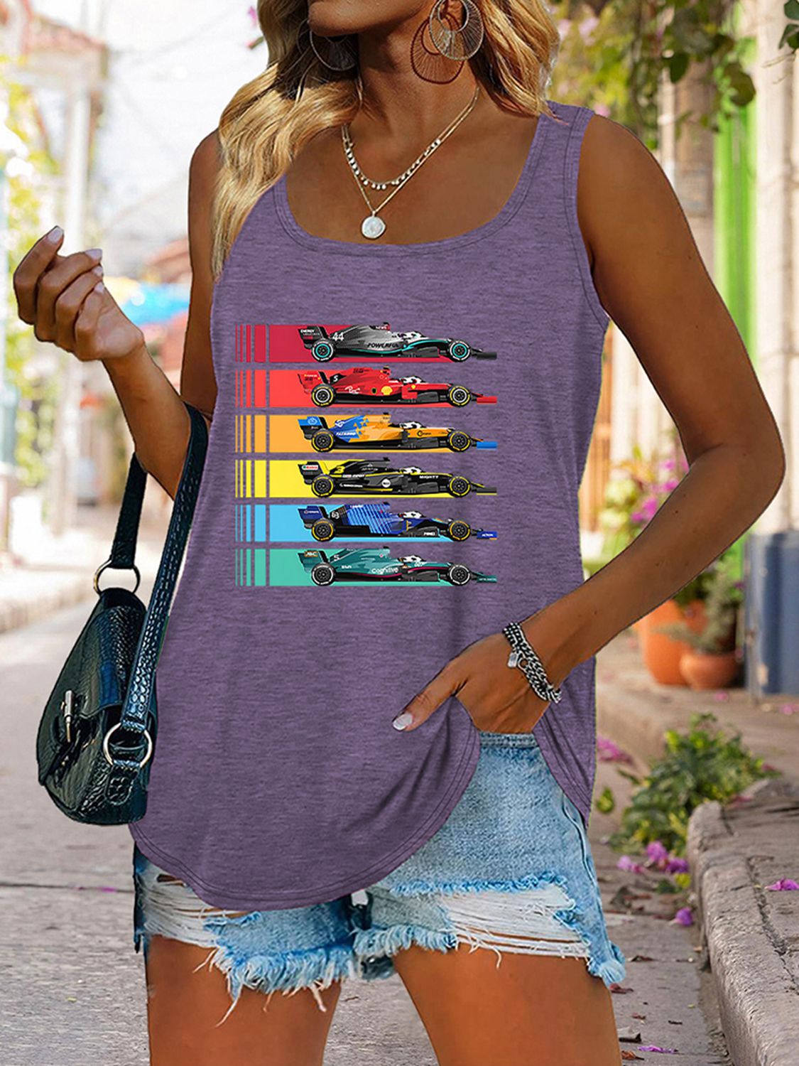 Race Day Scoop Neck Race Car Graphic Tank Top