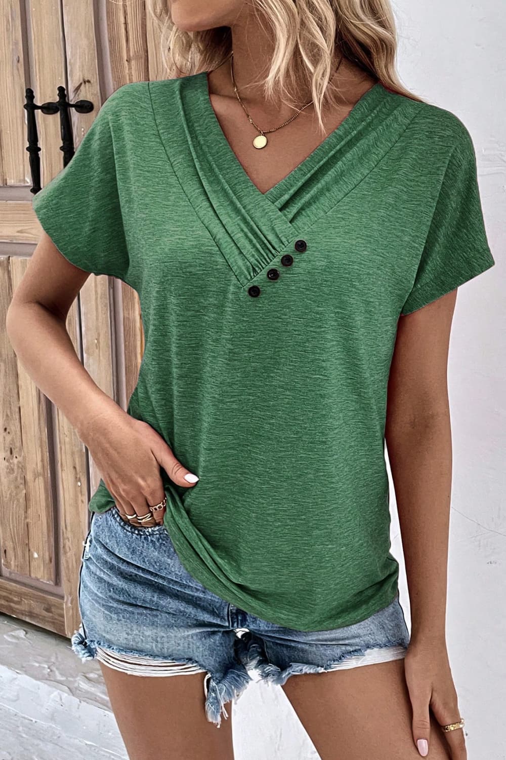 Favorite Every Day  Button V-Neck Short Sleeve Tee