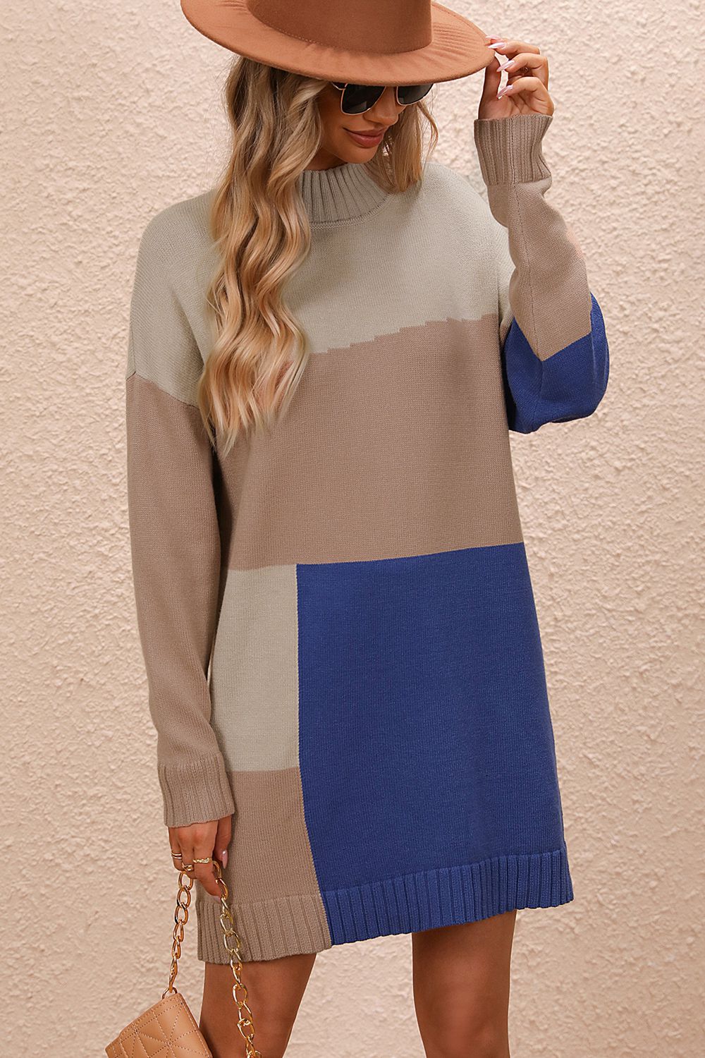 Take Me to Your Weekend Color Block Mock Neck Dropped Shoulder Sweater Dress