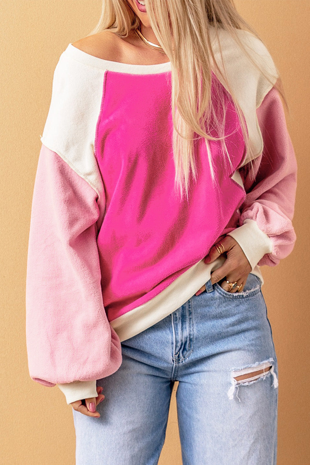 Snuggle me Round Neck Dropped Shoulder Color Block Sweatshirt