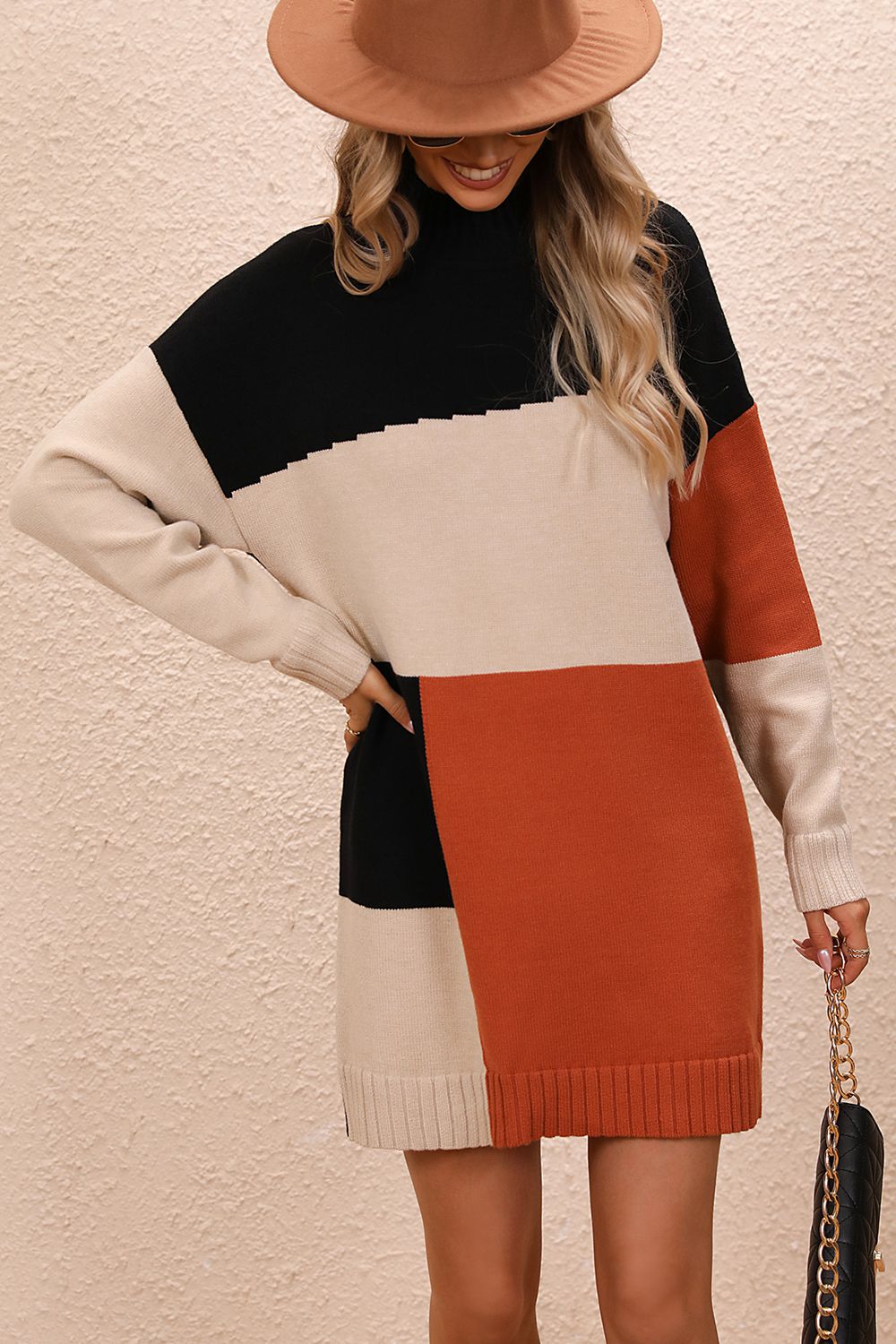 Take Me to Your Weekend Color Block Mock Neck Dropped Shoulder Sweater Dress