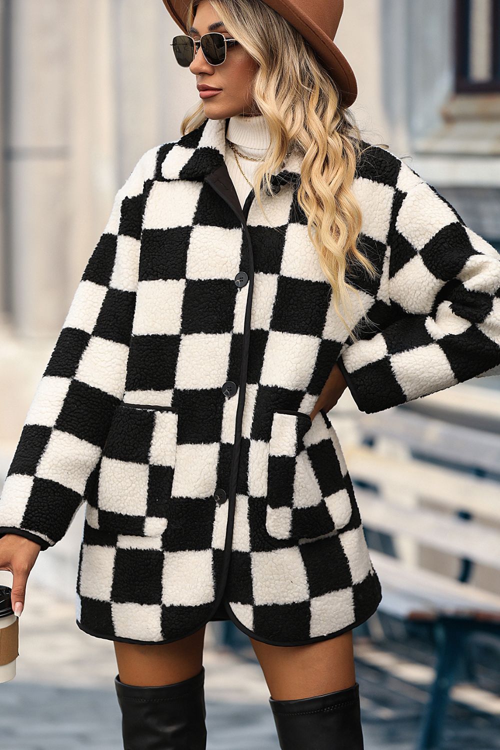 Chic on the Run Plaid Buttoned Collared Neck Faux Fur Outwear