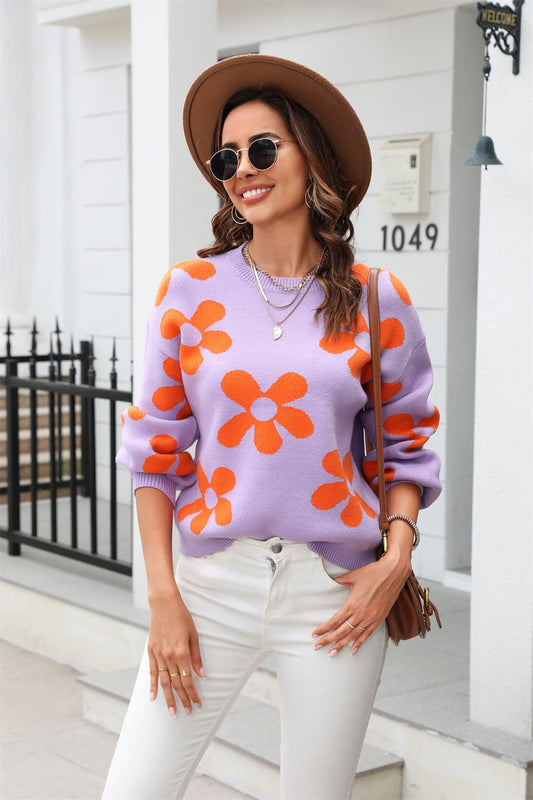 I can buy my own flowers Floral Print Round Neck Dropped Shoulder Pullover Sweater