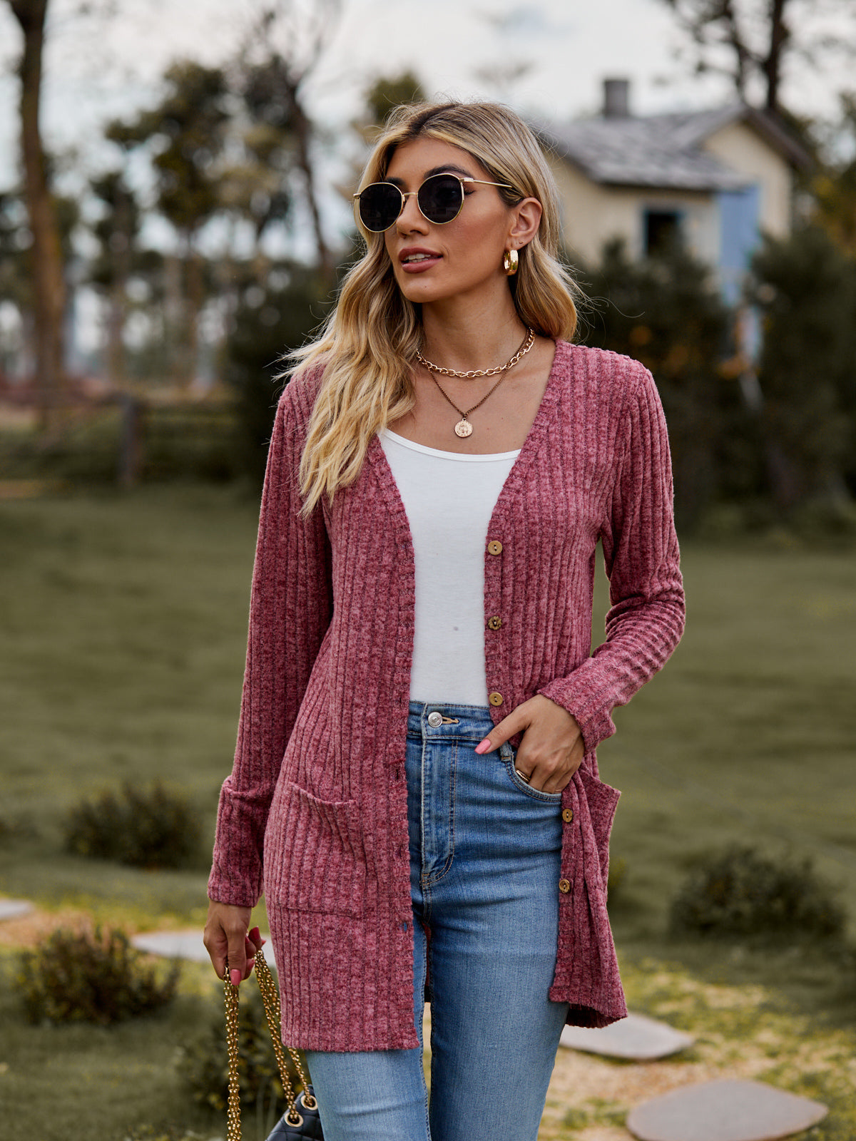 Take your sweater with you Ribbed Button-UP Cardigan with Pockets