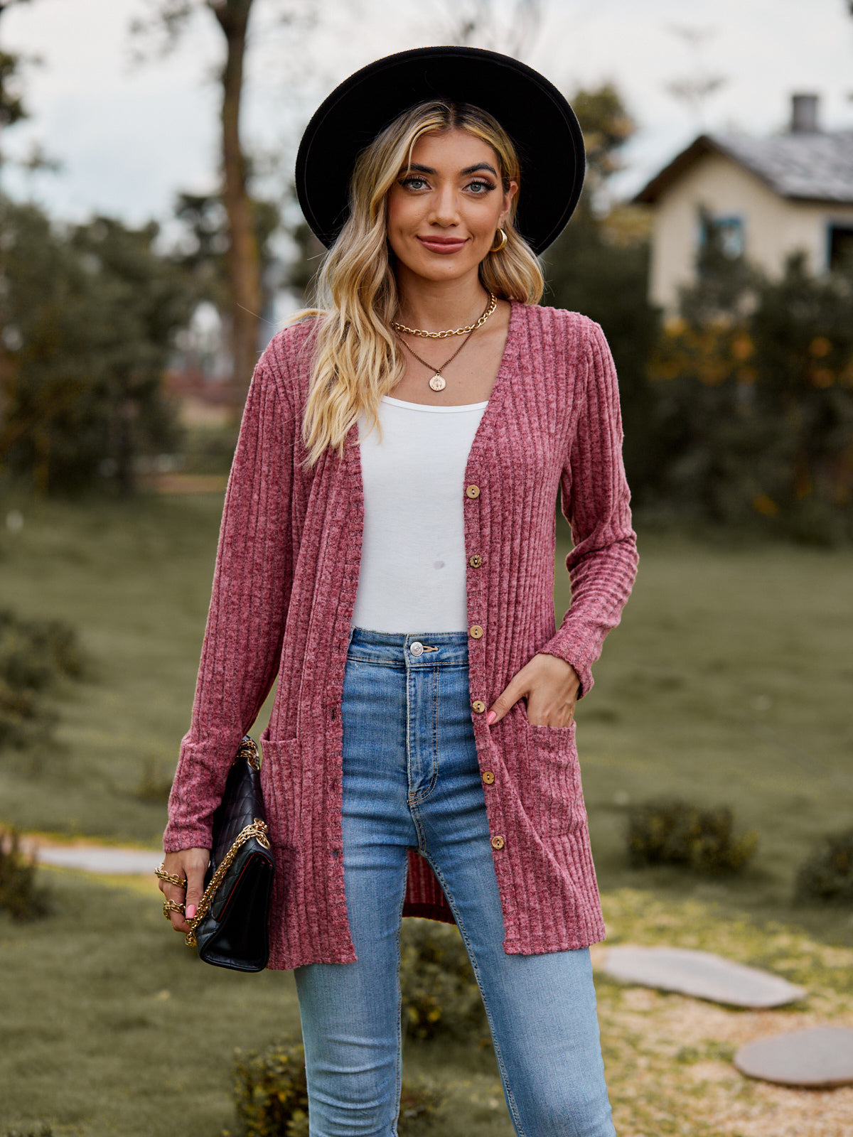 Take your sweater with you Ribbed Button-UP Cardigan with Pockets