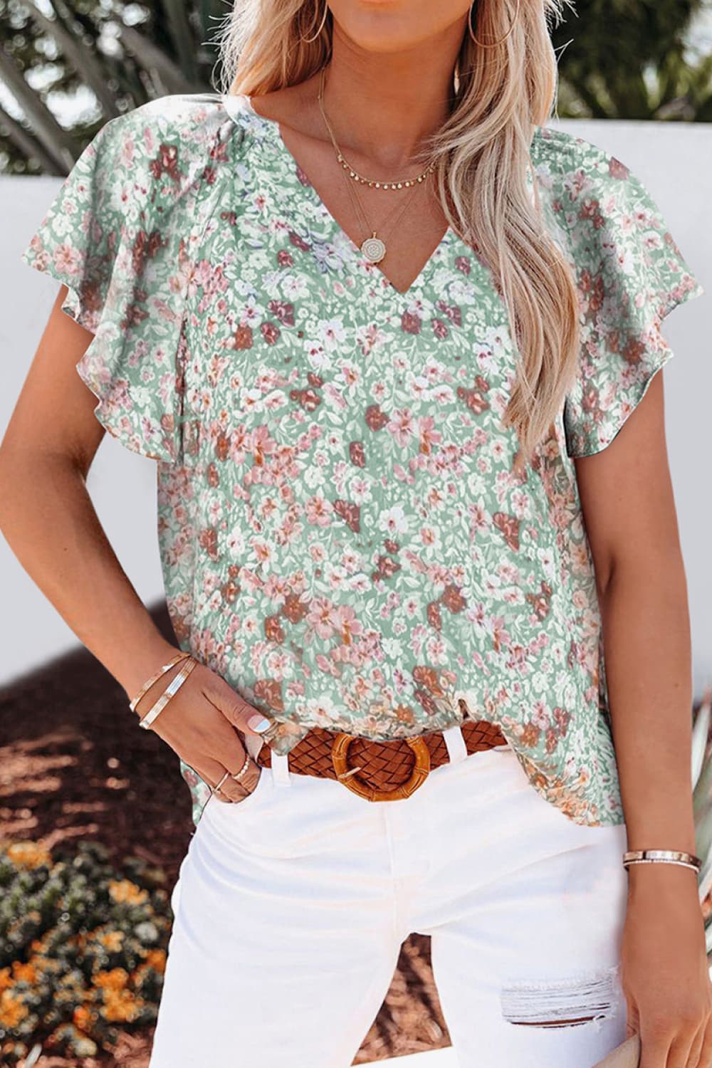 I'm ready for anything Floral V-Neck Flutter Sleeve Blouse