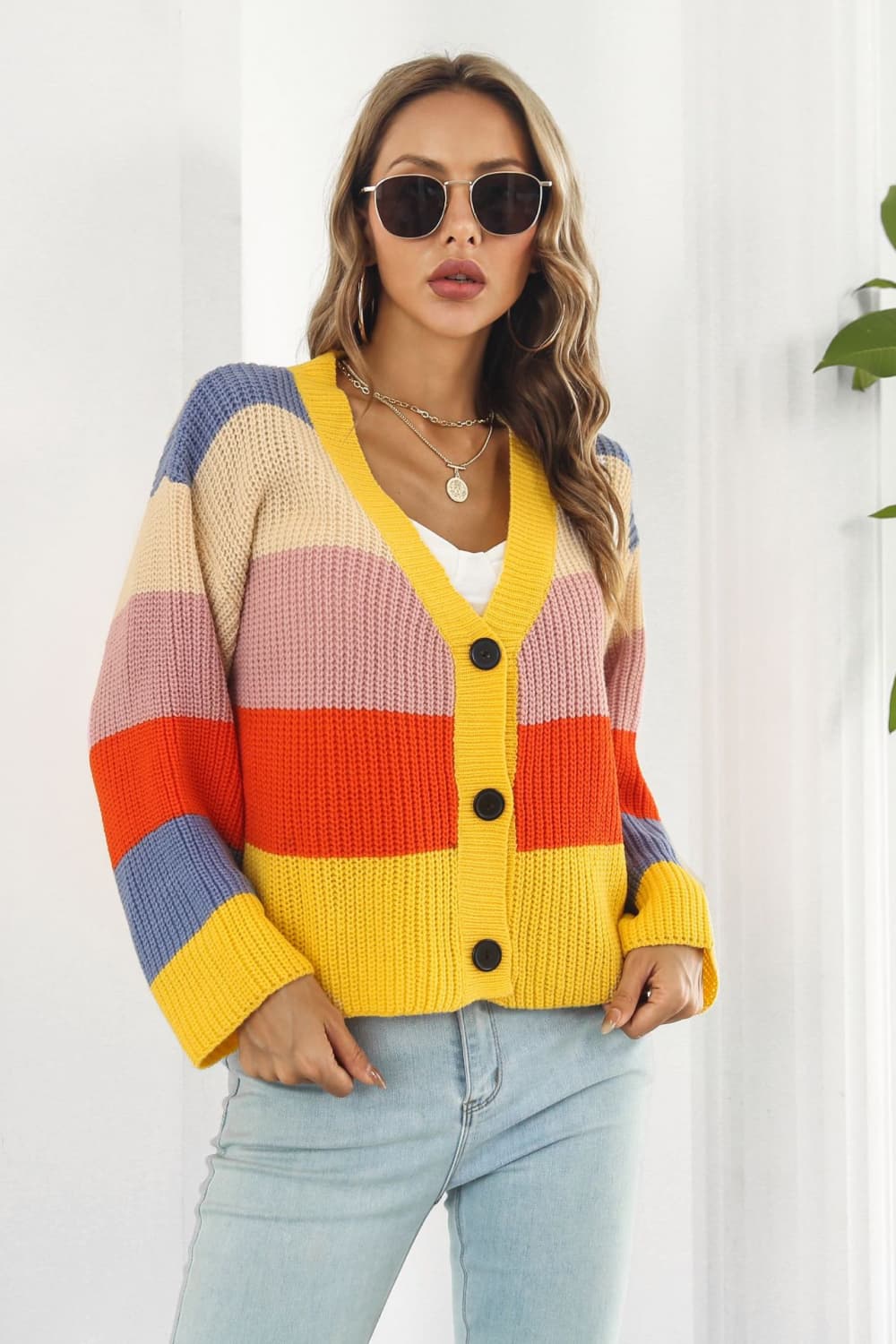 Hello Weekend Color Block Button-Down Dropped Shoulder Cardigan