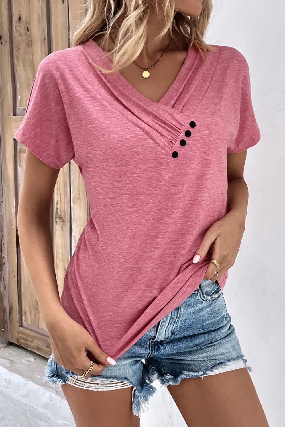 Favorite Every Day  Button V-Neck Short Sleeve Tee