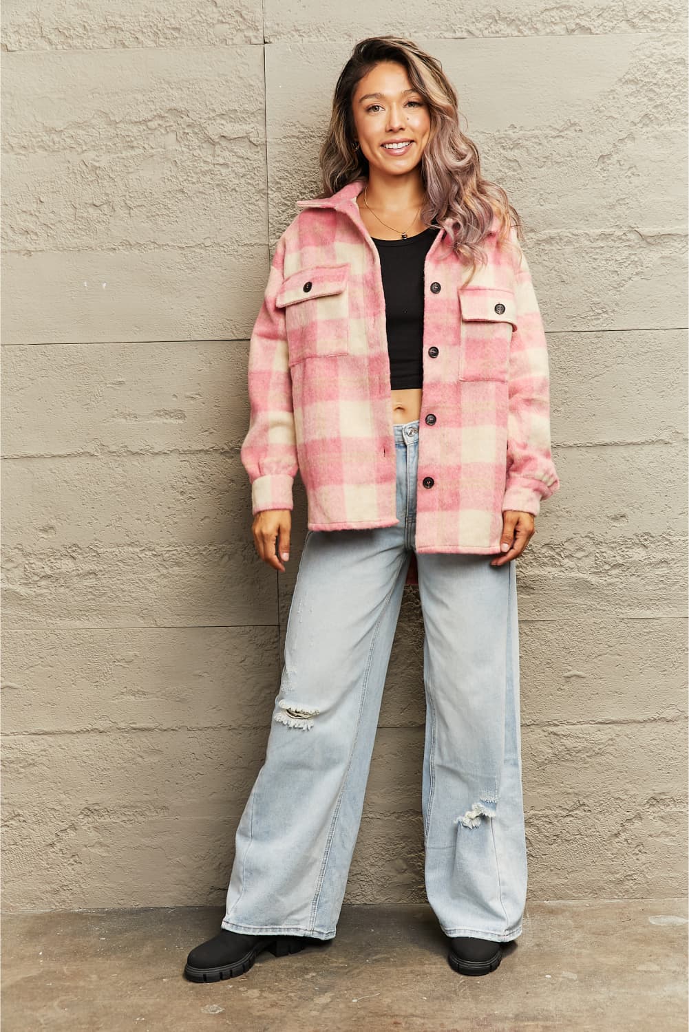 Pink Pumpkin time Plaid Collared Neck Button Down Jacket