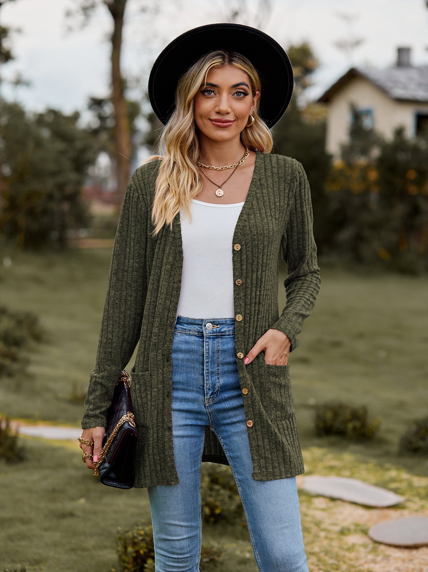 Take your sweater with you Ribbed Button-UP Cardigan with Pockets