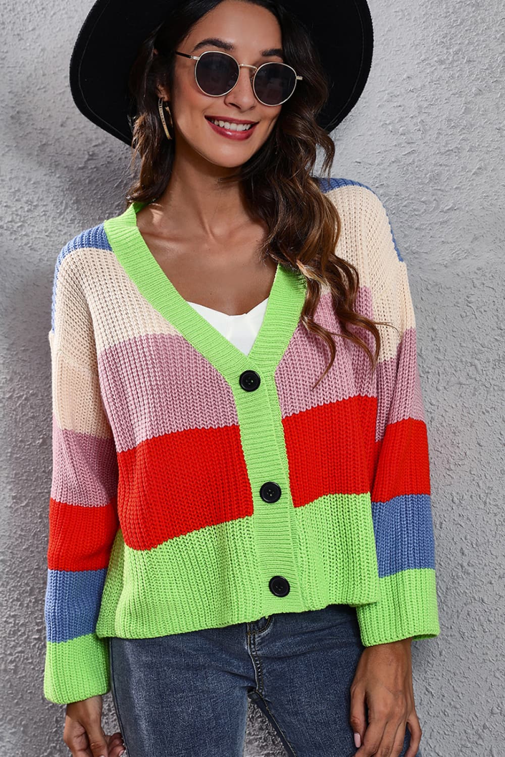 Hello Weekend Color Block Button-Down Dropped Shoulder Cardigan