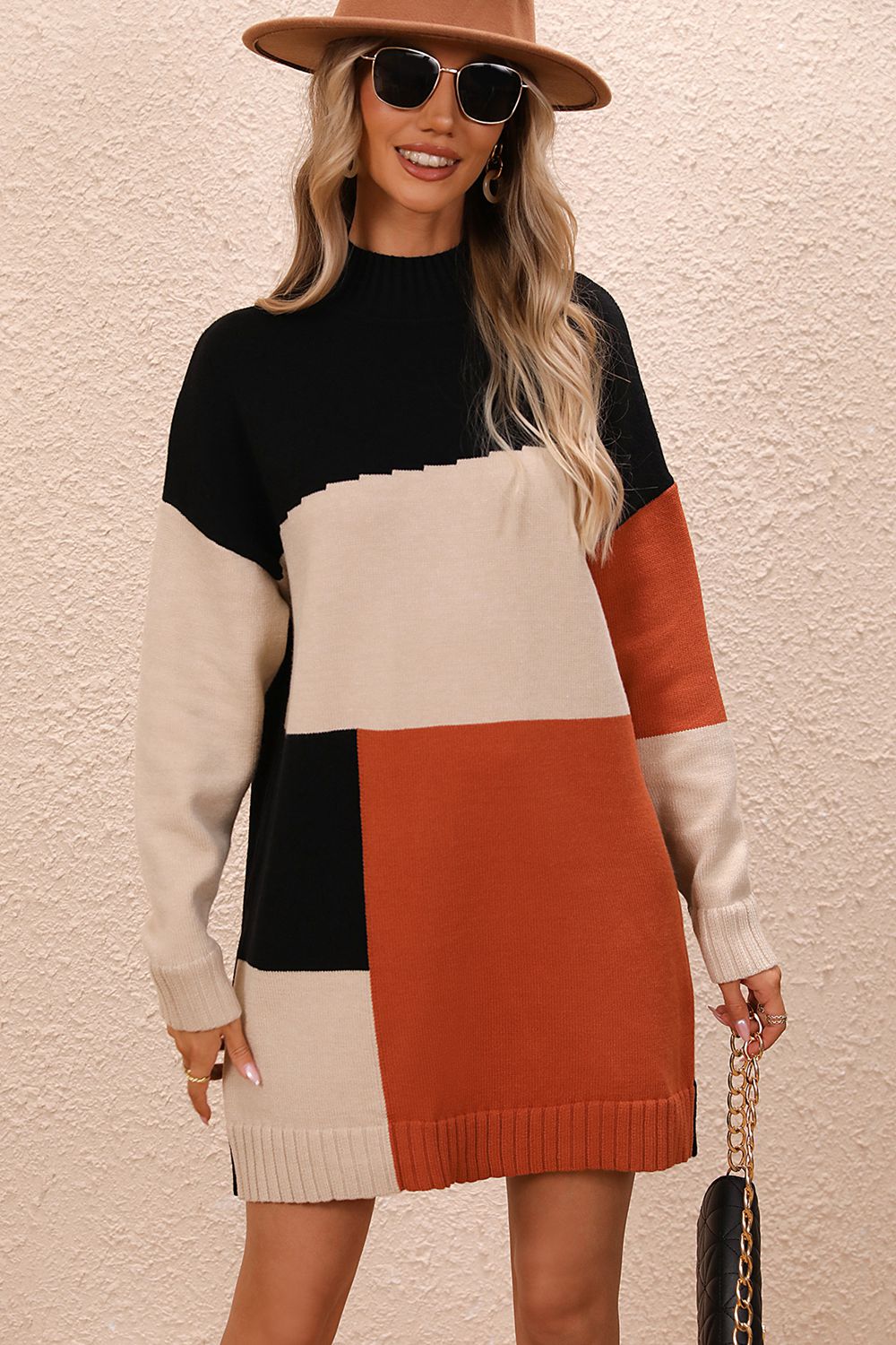 Take Me to Your Weekend Color Block Mock Neck Dropped Shoulder Sweater Dress