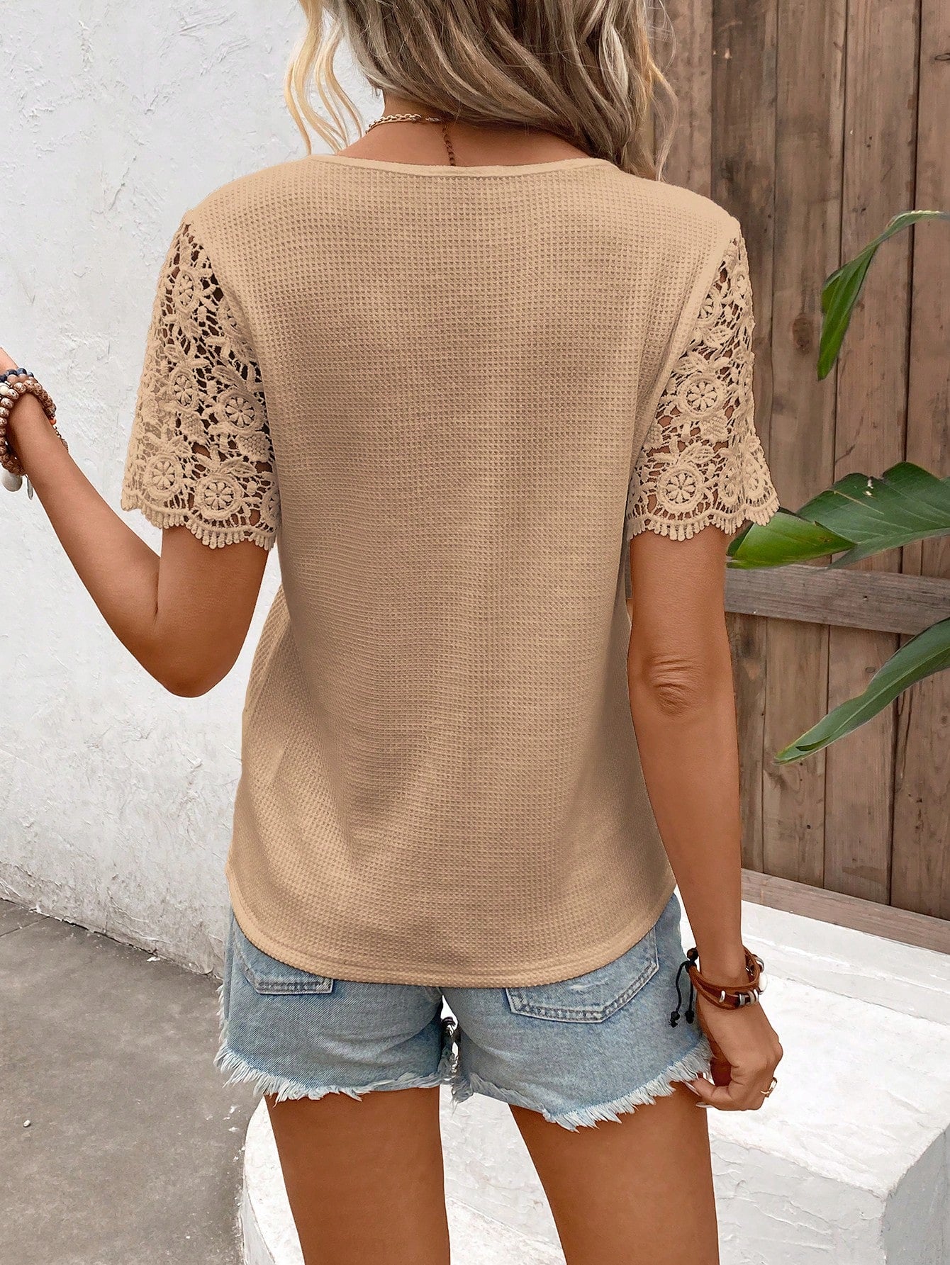 No chip on my shoulder Spliced Lace Notched Neck Waffle-Knit Top