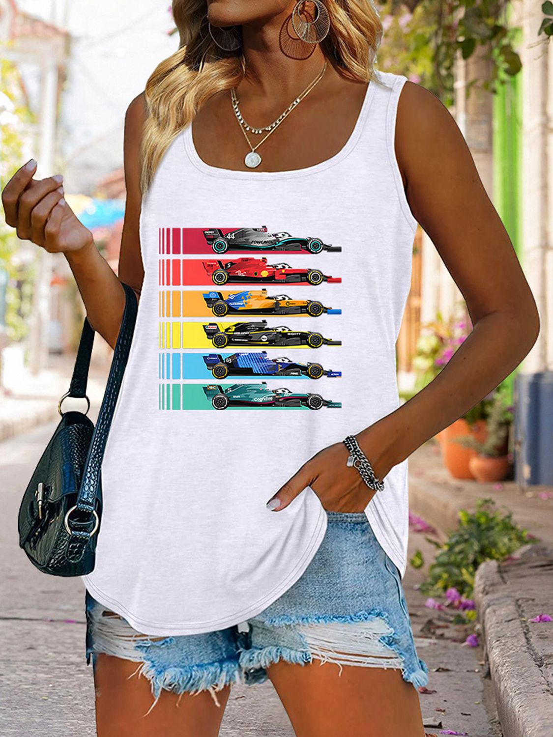 Race Day Scoop Neck Race Car Graphic Tank Top