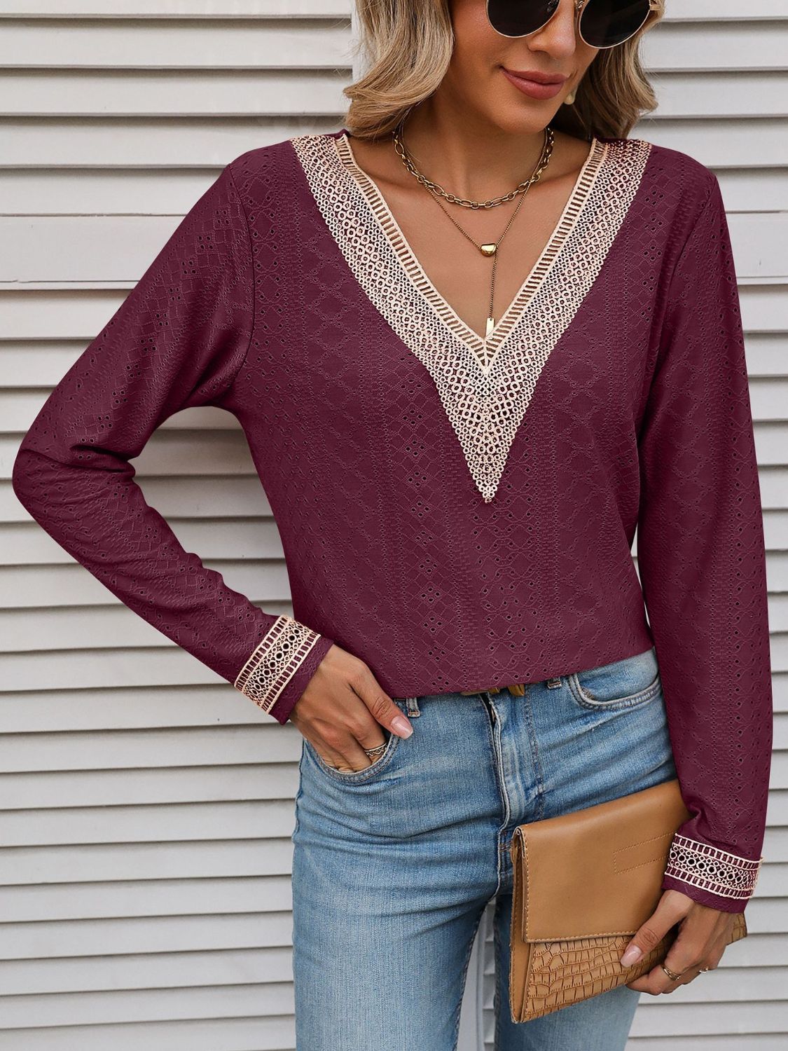 👀👀Double Take Contrast V-Neck Eyelet Long Sleeve Top