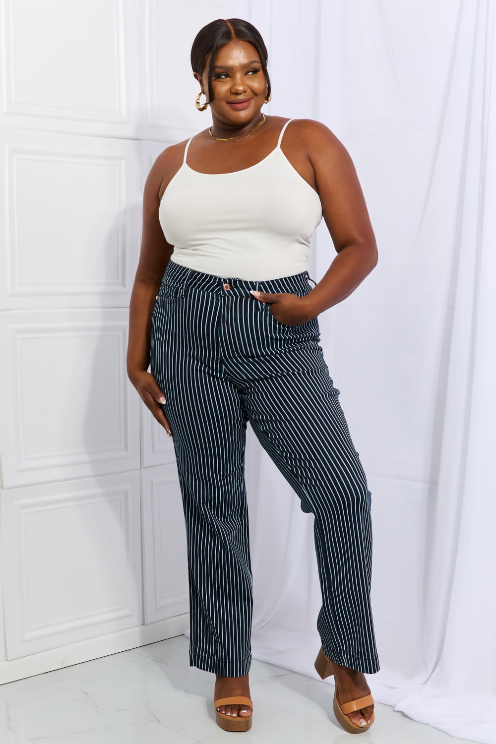 Tell Your friends (or NOT)Judy Blue Cassidy Full Size High Waisted Tummy Control Striped Straight Jeans