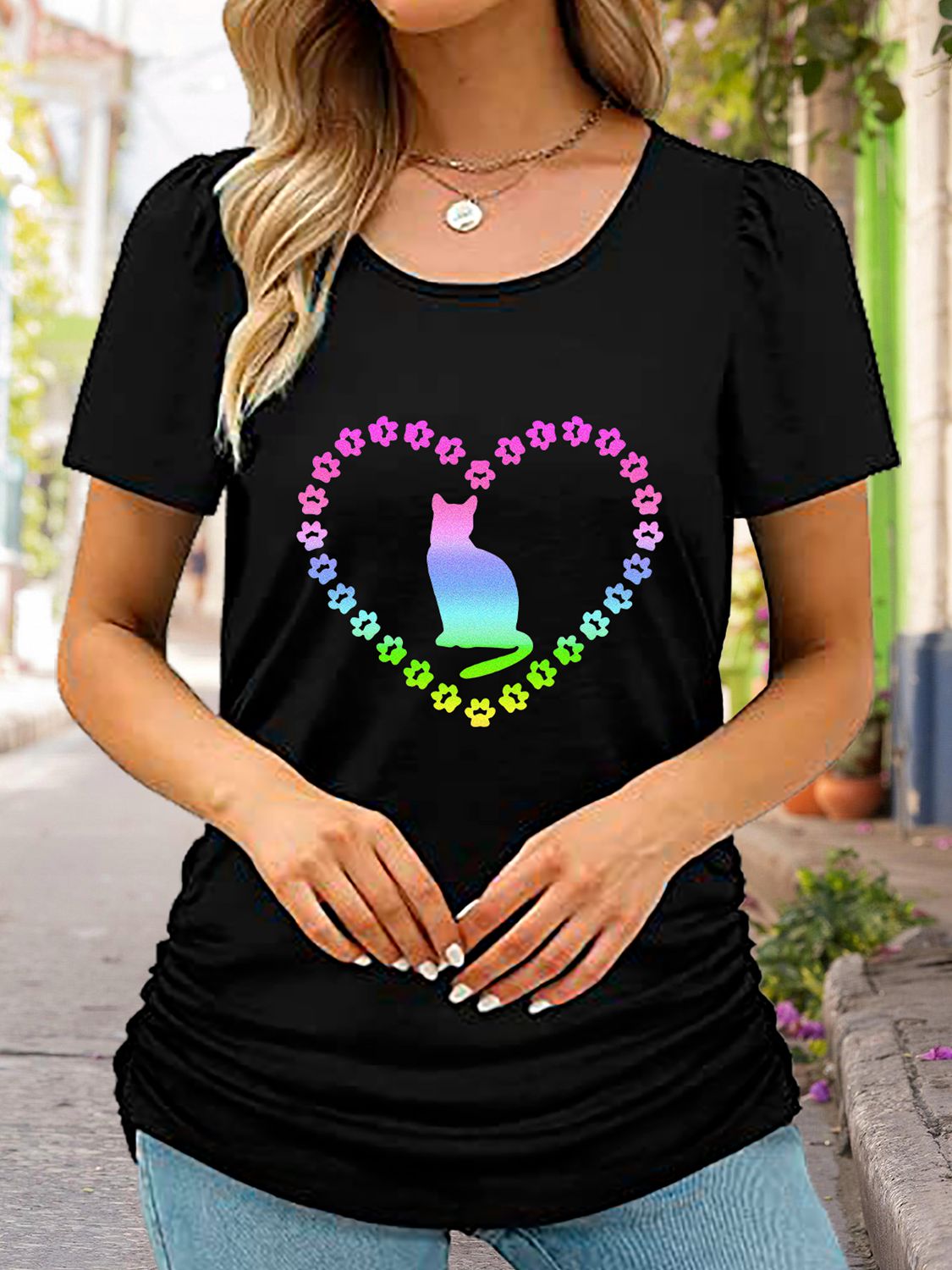 WE LOVE CATS Full Size Cat Heart Graphic Short Sleeve T-Shirt