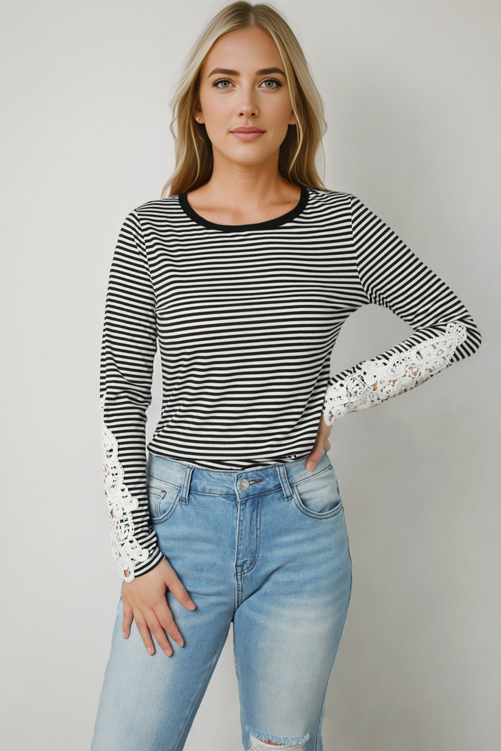 Dress Up or Down Striped Round Neck Long Sleeve Lace Trim T-Shirt