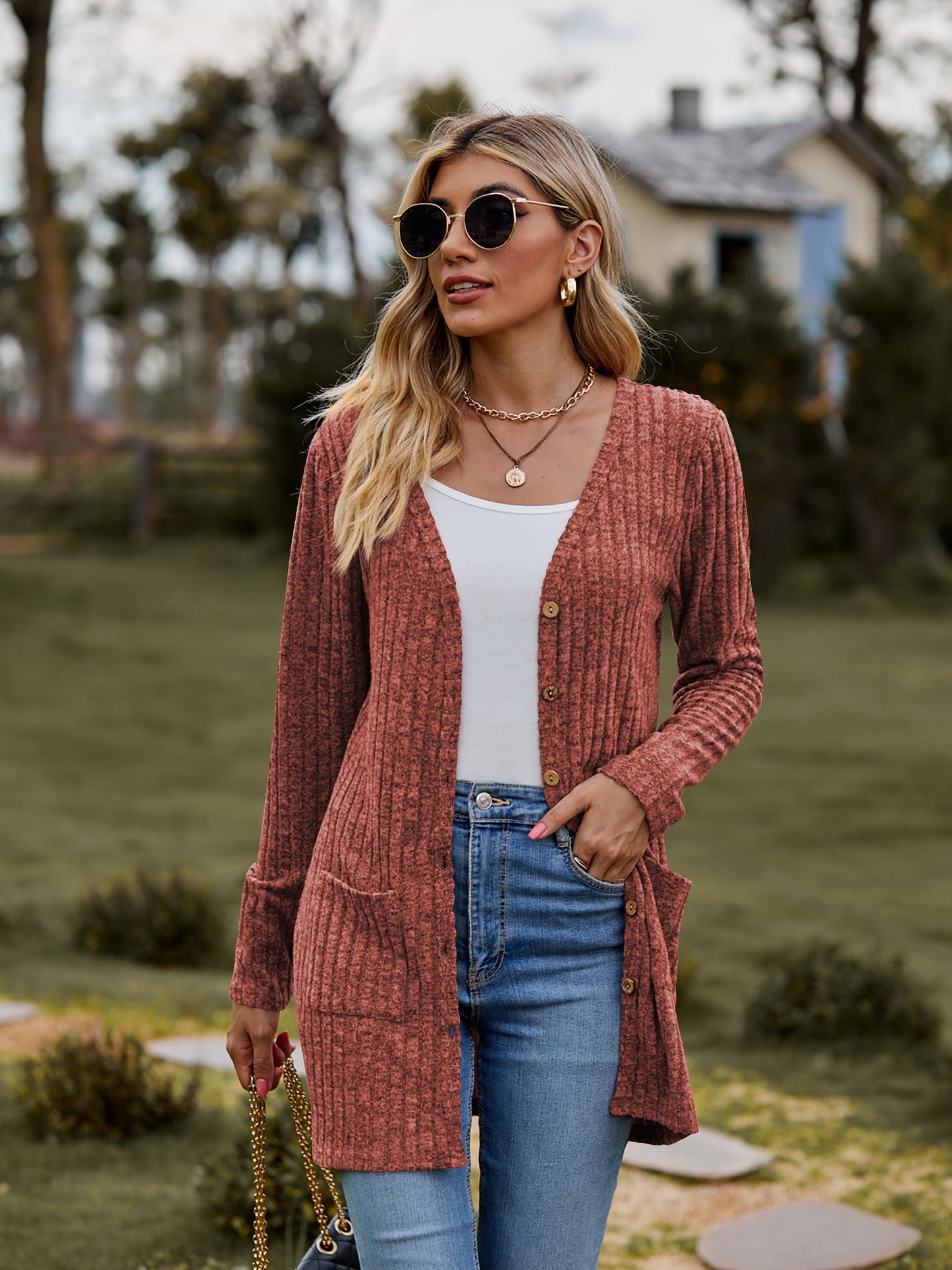 Take your sweater with you Ribbed Button-UP Cardigan with Pockets