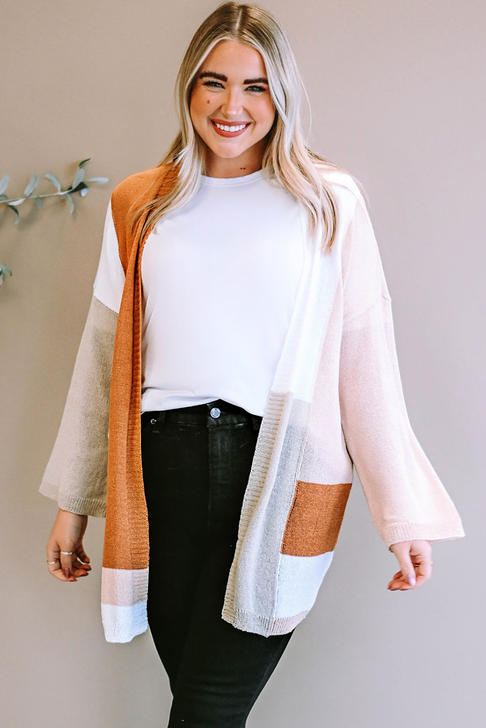 Where my Girls at? Plus Size Color Block Open Front Longline Cardigan