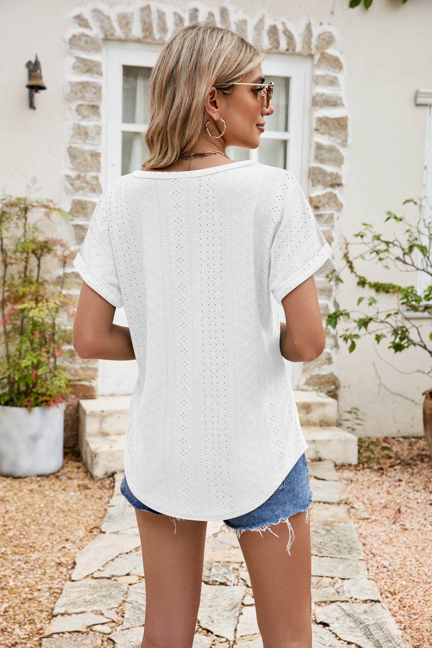 Ready to Manifest Full Size Round Neck Eyelet Short Sleeve Top