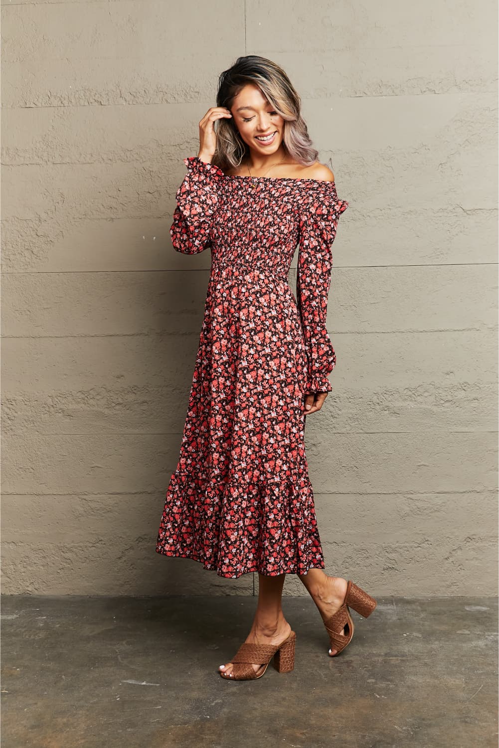 Not even trying Off-Shoulder Long Sleeve Midi Dress