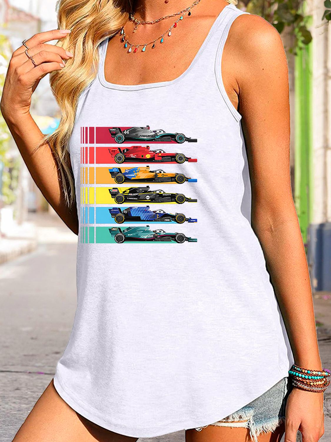 Race Day Scoop Neck Race Car Graphic Tank Top